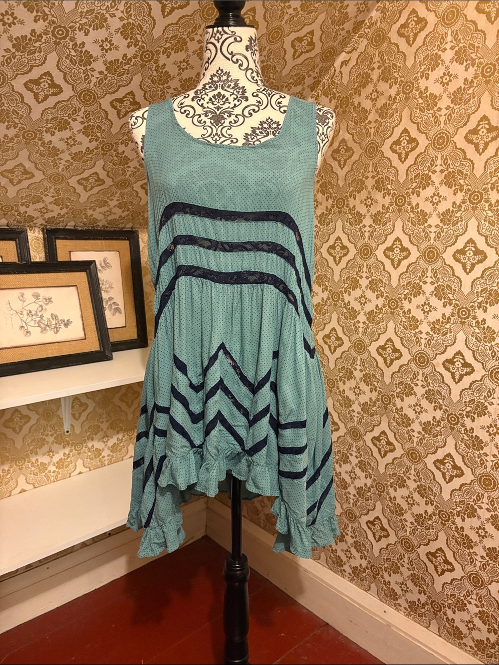 Free People Teal Polka Dot Lace Handkerchief Hem Nightgown Slip Dress